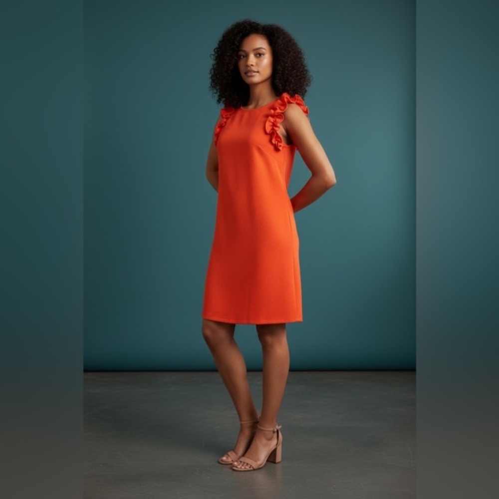 NEW Vince Camuto Red Orange Ruffle Sleeve Shift Mini Dress Date Cocktail Size 8